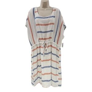 Old Navy Dress Womens 2XL‎ White Blue Red Striped Linen Blend Cinch Waist Summer